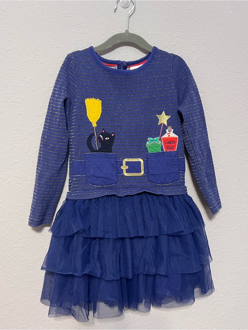 Mini Boden Navy Blue Knit & Tiered Tulle Dress with Kitty and Potion Appliqués